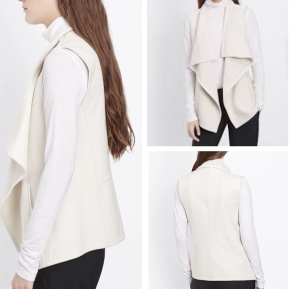 Vince Cream wool blend drape neck leather trim open Vest Size XS - Picture 3 of 16